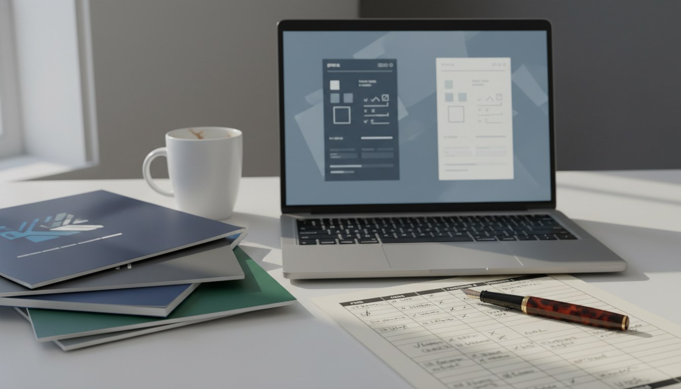 Reviewer comparison desk with laptop side-by-side view, evaluation worksheet, and vendor brochures